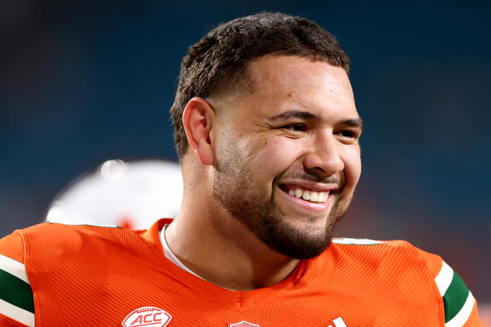 MIAMI GARDENS, FLORIDA - OCTOBER 21: Cam McCormick #84 of the Miami Hurricanes looks on prior to a game against the Clemson Tigers at Hard Rock Stadium on October 21, 2023 in Miami Gardens, Florida. (Photo by Megan Briggs/Getty Images)