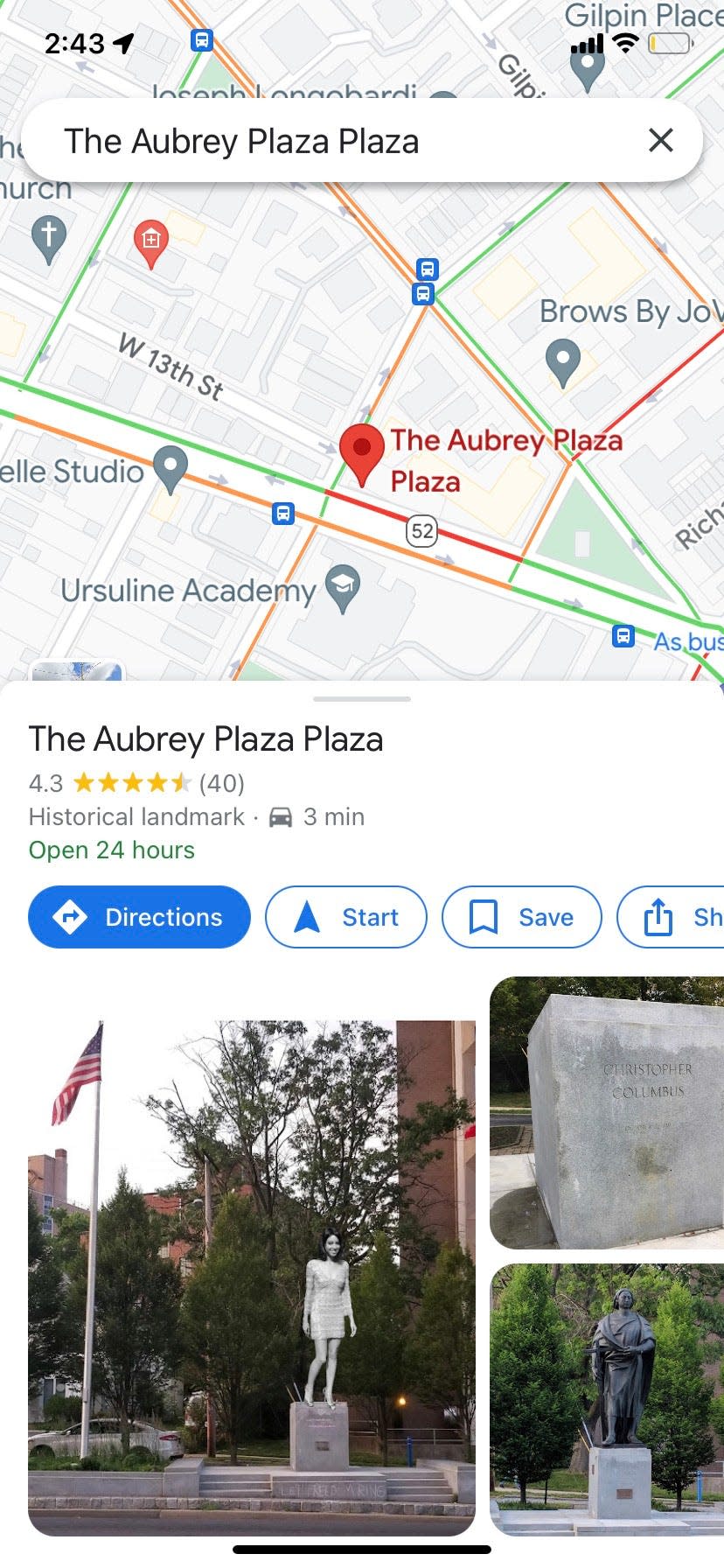 The Aubrey Plaza Plaza in Wilmington may not be real, but it appears on Google Maps.