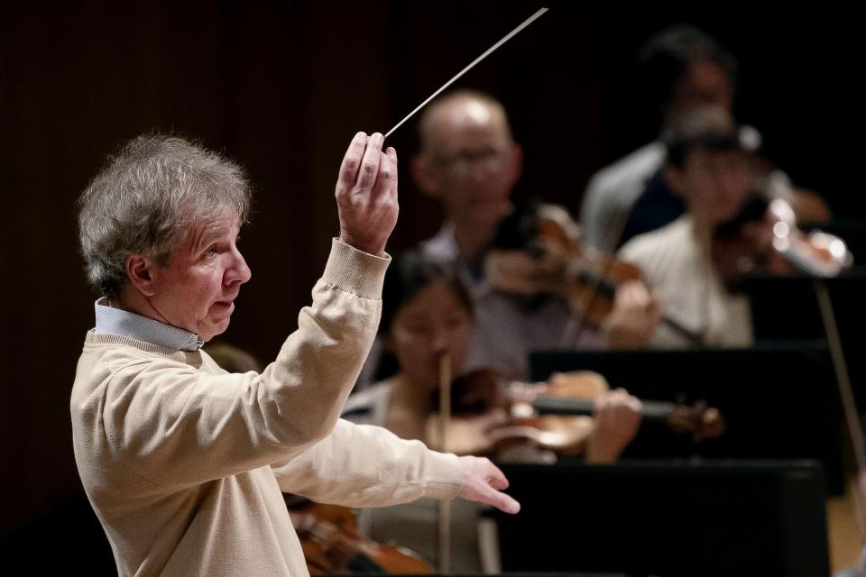 Thierry Fischer, music director of the Utah Symphony, conducts during rehearsal at Abravanel Hall in Salt Lake City on Thursday, May 25, 2023. Fischer concludes his 14 years with the symphony this weekend. | Laura Seitz, Deseret News