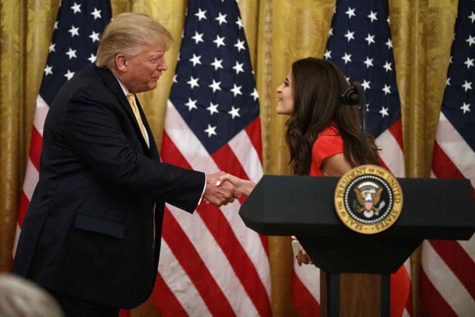 President Donald Trump shakes hands with anti-abortion activist Lila Rose during the “Presidential Social Media Summit” in the East Room of the White House on July 11, 2019, in Washington. | Evan Vucci, Associated Press