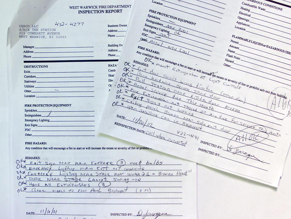 West Warwick Fire Department inspection reports of The Station nightclub, released in March 2003 shortly after the fire, describe several violations that were apparently fixed but do not mention the presence of highly flammable foam that was placed on the walls as soundproofing.