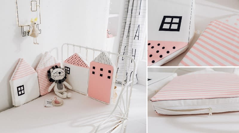 ▲由北歐小房子造型串連起來的加高型床圍，讓嬰兒床欄有防護也營造了可愛溫馨的小世界。（圖片來源：Yahoo購物中心）