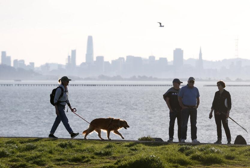 People enjoy a late afternoon stroll along the shoreline at Cesar Chavez Park in Berkeley, Calif. on Saturday, Feb. 3, 2018. Unseasonably warm temperatures continue to blanket the Bay Area. (Photo by Paul Chinn/San Francisco Chronicle via Getty Images)