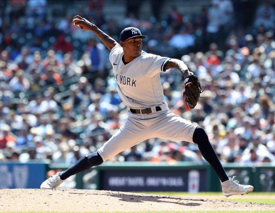 New York Yankees relief pitcher Miguel Castro pitches against the Detroit Tigers during the ninth inning Thursday, April 21, 2022 at Comerica Park.