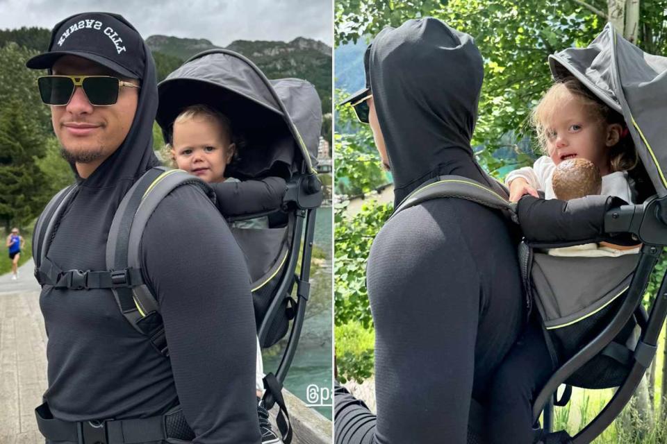 <p>Brittany Mahomes/ Instagram</p> Patrick Mahomes carries his two kids during family vacation