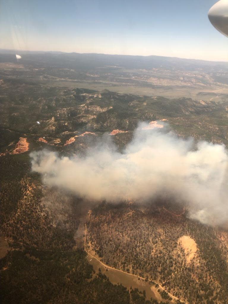 Smoke from the Left Fork Fire, a wildfire burning in the mountains southwest of Bryce Canyon City, is seen from a helicopter in this image submitted by the Utah Interagency Fire group.