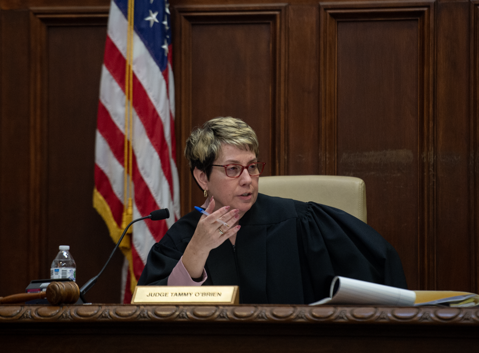 Judge Tammy O'Brien talks to jurors Wednesday during the retrial of Leon Newsome in Summit County Common Pleas Court.