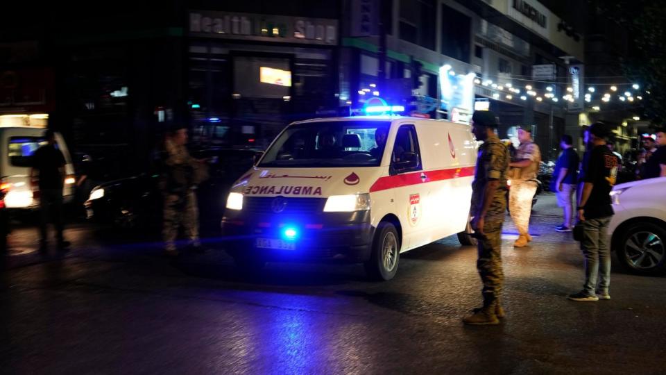 An ambulance carrying wounded people whose handheld pager exploded arrives outside at the American University hospital, in Beirut, Lebanon, Tuesday, Sept. 17, 2024. (AP Photo/Hassan Ammar) (Hassan Ammar/AP)