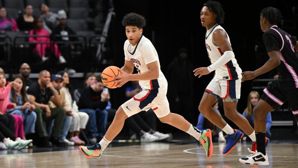 Modesto Christian’s Gavin Sykes takes the ball up the court during the Sac-Joaquin Section Division I championship game with Lincoln of Stockton at the Golden 1 Center in Sacramento, Calif., Wednesday, Feb. 21, 2024.