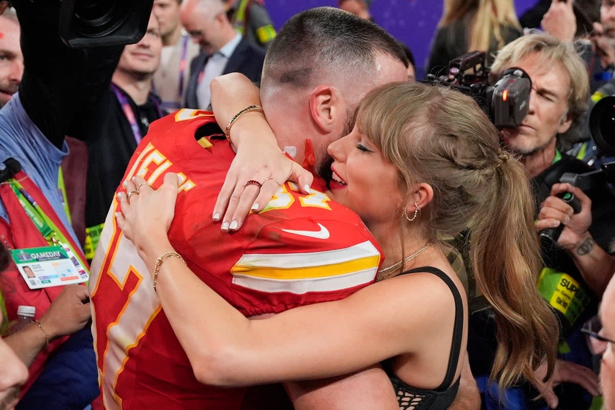 Kansas City Chiefs tight end Travis Kelce embraces Taylor Swift after the NFL Super Bowl 58 football game (AP)