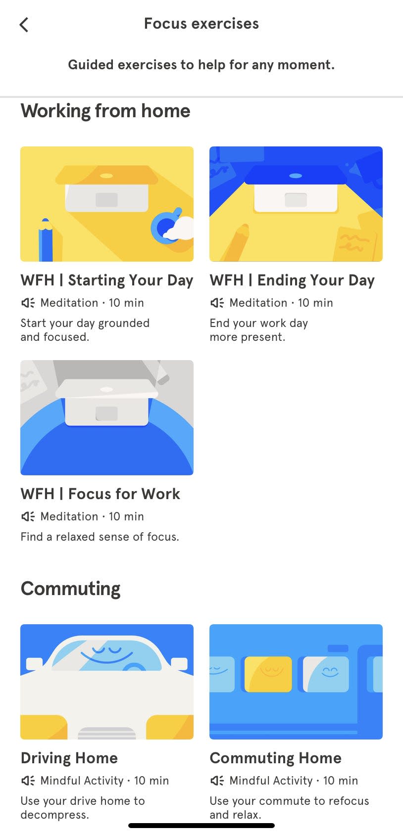 thumbnail images of animated work-from-home and commuting activities in a screenshot of the meditation app Headspace