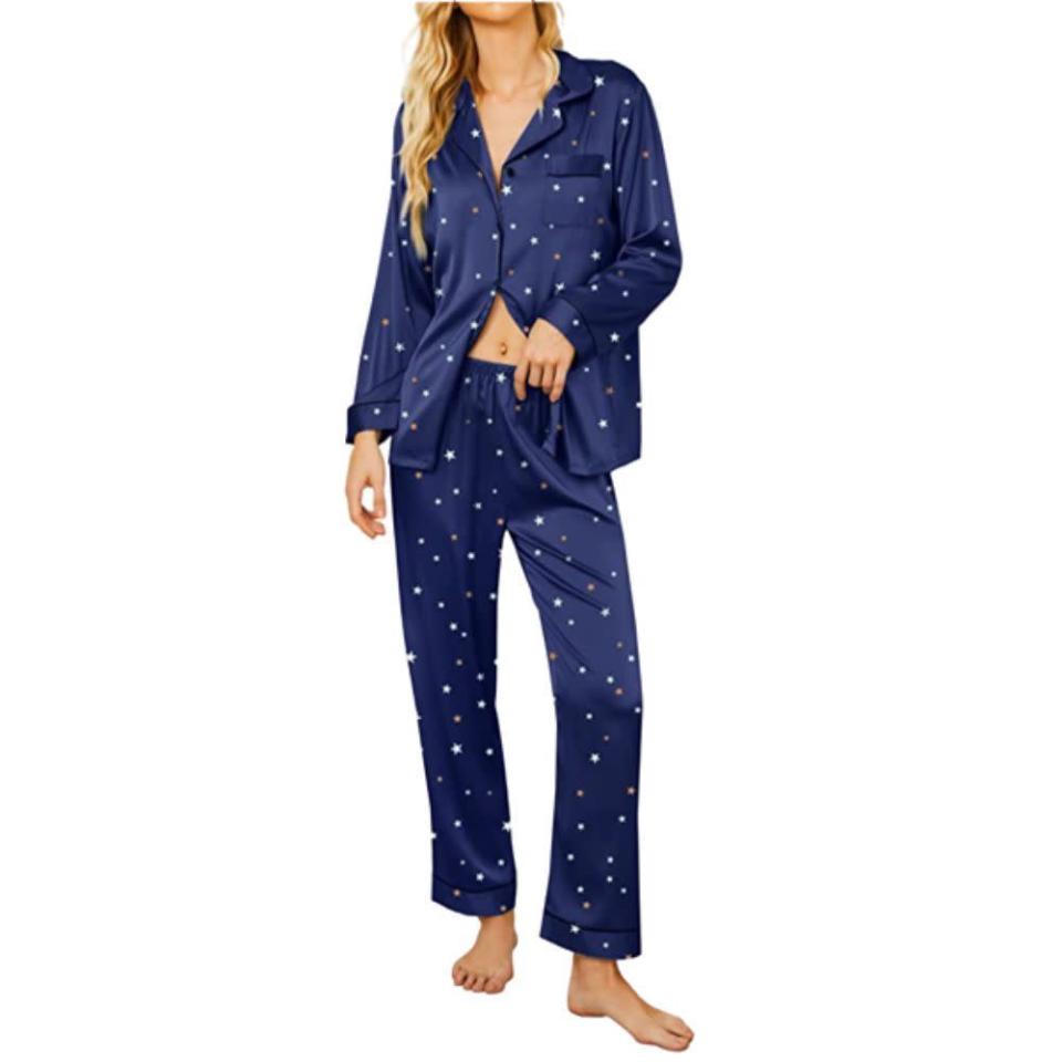 <p><strong>Ekouaer</strong></p><p>amazon.com</p><p><strong>$35.99</strong></p><p>All is calm and all is bright with this bespangled pajama set that's also spot-on for that snuggly New Year's Eve countdown. It has all the details you need to lounge in style — a notched collar! hearth-worthy satin! — for the (silent) night of your dreams. And yes, it has <em>pockets</em>.</p>