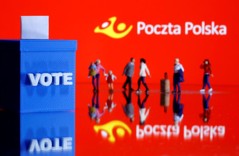 FILE PHOTO: A 3D printed ballot box and toy people figures are seen in front of displayed Poczta Polska logo in this illustration