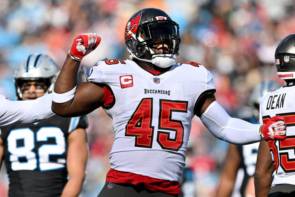 Devin White of the Tampa Bay Buccaneers celebrates a tackle during a win over the Panthers. (Photo by Grant Halverson/Getty Images)