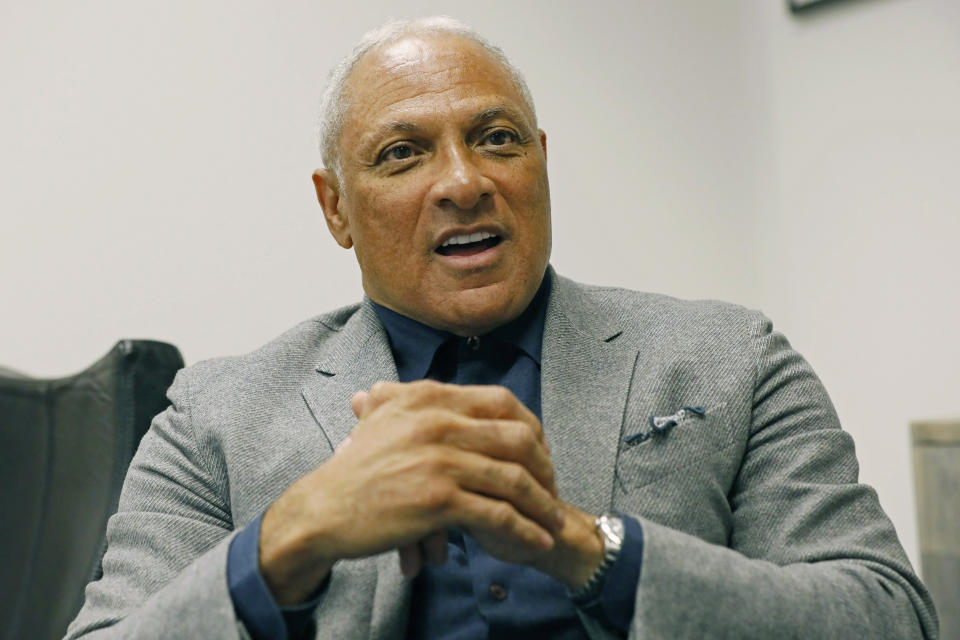 Mississippi Democrat Mike Espy explains, Tuesday, Nov. 12, 2019, at his Jackson, Miss., office, how he is using data to help him pursue votes in a run for the U.S. Senate against Republican incumbent Cindy Hyde-Smith, setting up a 2020 rematch of their 2018 special election to fill the last two years of retired Republican Sen. Thad Cochran's six-year term. Espy announced Tuesday morning that he's running again for U.S. Senate in Mississippi. (AP Photo/Rogelio V. Solis)