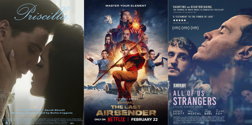 This combination of photos shows promotional art for "Priscilla," streaming Feb. 23 on Max, left, “Avatar: The Last Airbender," streaming Feb. 22 on Netflix, center, and "All of Us Strangers," a film streaming Feb. 22 on Hulu. (A24/Netflix/Searchlight Pictures via AP)