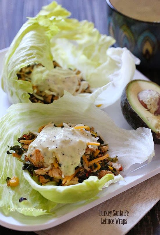 <p>Take a break from carbs (hello, stuffing and pie!) with these yummy lettuce wraps. </p><p><strong>Get the recipe at <a href="http://www.skinnytaste.com/2013/11/turkey-santa-fe-lettuce-wraps.html" rel="nofollow noopener" target="_blank" data-ylk="slk:Skinny Taste.;elm:context_link;itc:0;sec:content-canvas" class="link ">Skinny Taste.</a></strong></p>