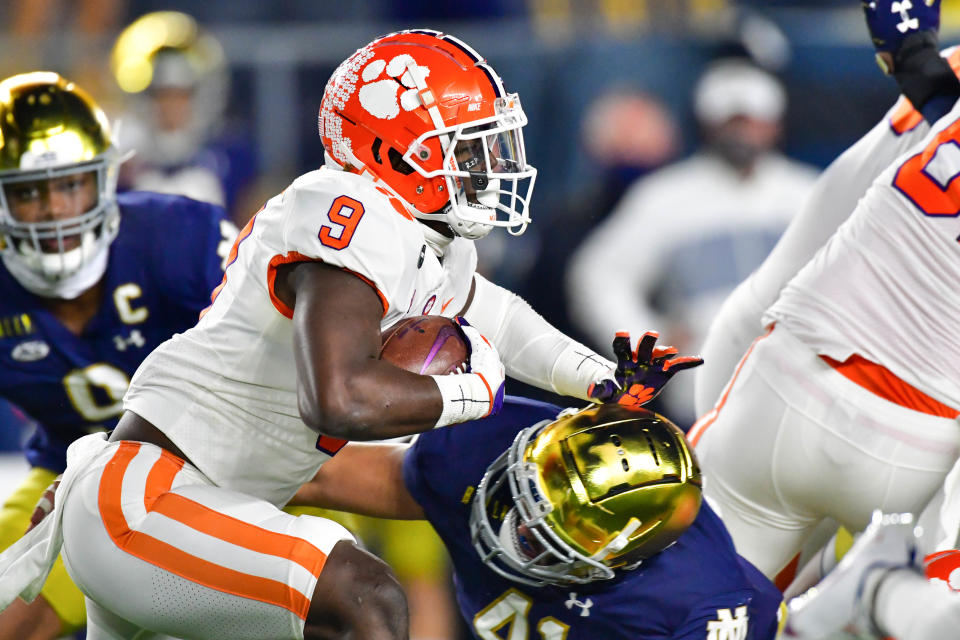 Clemson's Travis Etienne was held in check against Notre Dame. (Photo by Matt Cashore-Pool/Getty Images)