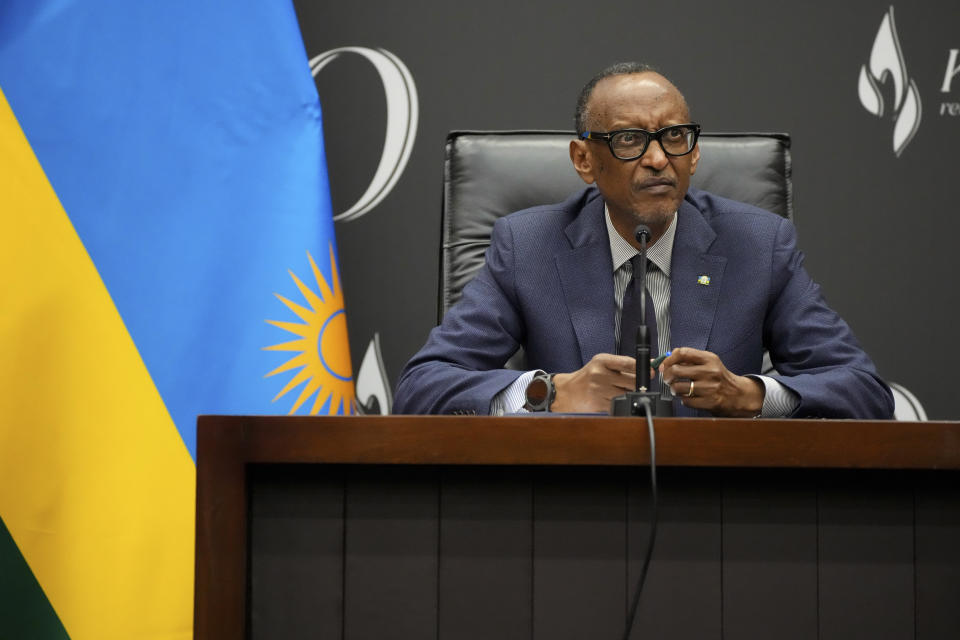 Rwanda's President Paul Kagame gives a press conference at Kigali Convention Centre in Kigali, Rwanda, Monday, April 8, 2024. Rwandans are commemorating 30 years since the genocide in which an estimated 800,000 people were killed by government-backed extremists, shattering this small east African country that continues to grapple with the horrific legacy of the massacres. (AP Photo/Brian Inganga)