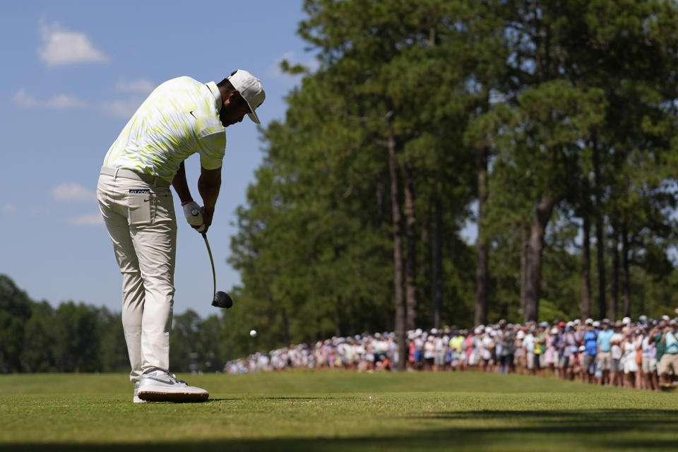 Tony Finau hits his tee shot on the second hole during the third round of the U.S. Open golf tournament Saturday, June 15, 2024, in Pinehurst, N.C. (AP Photo/George Walker IV)