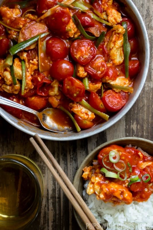 <p>Pups with Chopsticks</p><p>You'll find this Chinese tomato egg stir-fry on many Chinese home dinner tables. It’s quick, cheap and made with very simple ingredients!</p><p><strong>Get the recipe: <a href="https://pupswithchopsticks.com/chinese-tomato-egg-stir-fry/" rel="nofollow noopener" target="_blank" data-ylk="slk:Cantonese Chinese Tomato and Egg Stir-Fry;elm:context_link;itc:0;sec:content-canvas" class="link ">Cantonese Chinese Tomato and Egg Stir-Fry</a></strong></p>