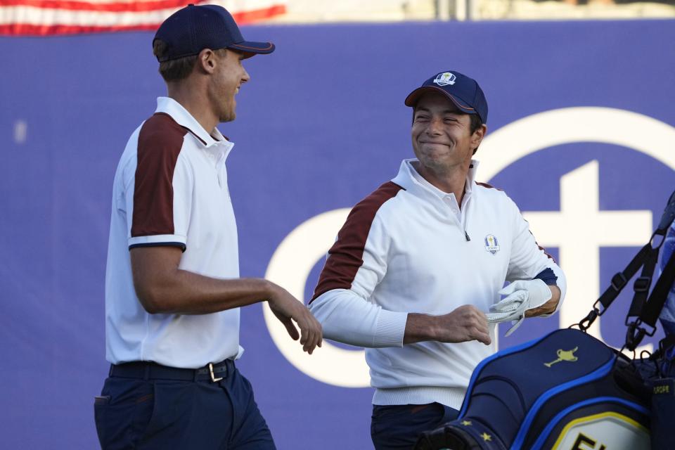 Europe golfer Viktor Hovland smiles during day two foursomes round for the 44th Ryder Cup golf competition at Marco Simone Golf and Country Club.