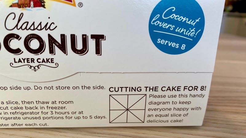 The Pepperidge Farm layer cake box includes instructions on how to cut a square cake into triangular slices for eight.