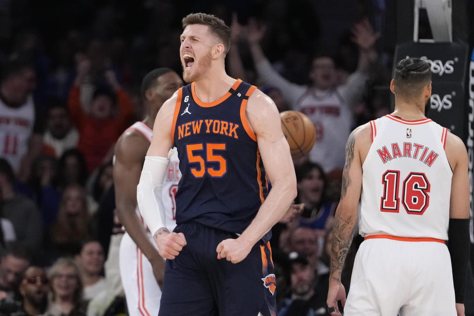 New York Knicks center Isaiah Hartenstein (55) reacts in the first half of an NBA basketball game against the Miami Heat, Wednesday, March 29, 2023, at Madison Square Garden in New York. (AP Photo/Mary Altaffer)