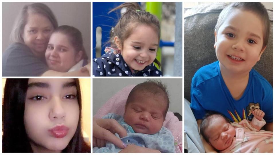 These photos show, clockwise from top left, Amanda Clearwater, 30, (shown with her mother), her children Bethany, 6, Jayven, 4, and two-month-old Isabella Manoakeesick, and cousin Myah Gratton, 17. Ryan Howard Manoakeesick, 29, of Carman, Man., has been charged in their deaths. (Chelsea Cowell/Facebook - image credit)