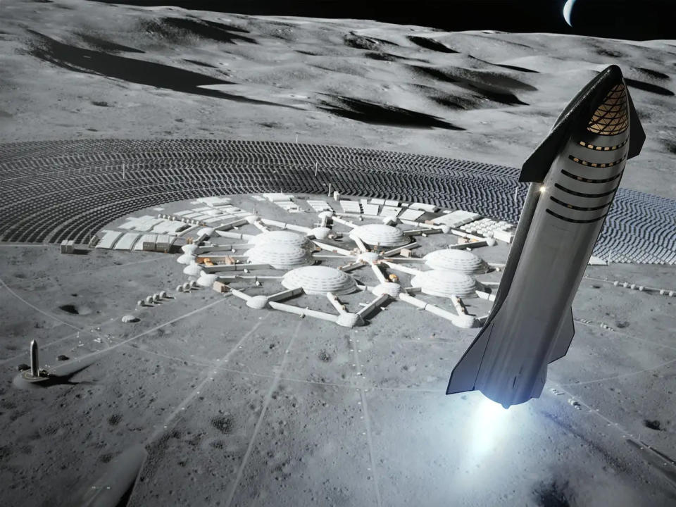 Eine künstlerische Darstellung der Landung eines Raumschiffs auf dem Mond. (Bild: SpaceX)