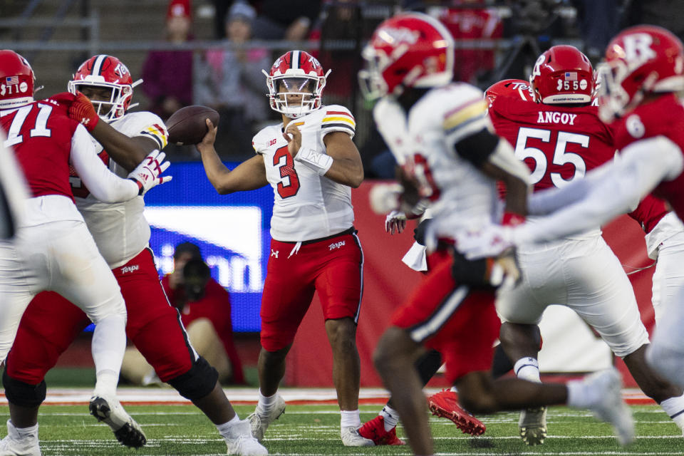 Maryland quarterback Taulia Tagovailoa (3) looks to throw a pass in the first half of an NCAA college football game against the Rutgers, Saturday, Nov. 25, 2023, in Piscataway, N.J. (AP Photo/Corey Sipkin)