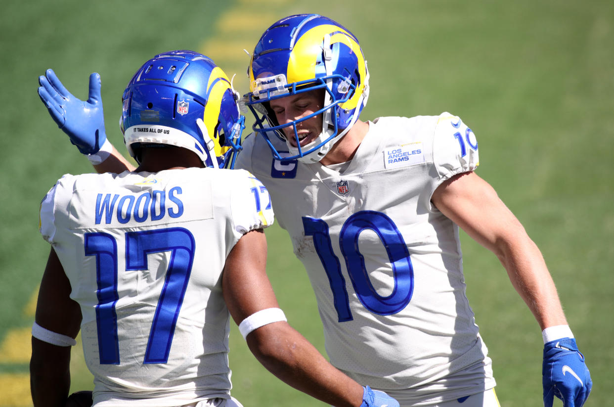 Los Angeles Rams Wide Receiver Cooper Kupp (10) celebrates a touchdown with Wide Receiver Robert Woods (17) 