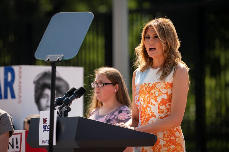 First Lady Melania Trump speaks during an event with young artists who depicted imagery related to the suffrage movement and the 19th Amendment, at the White House