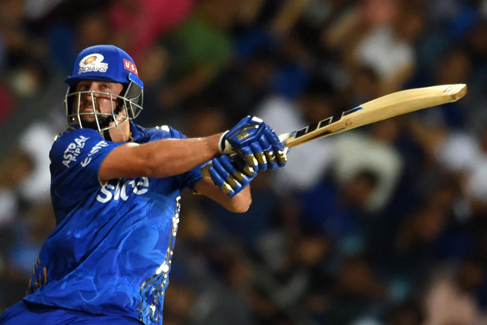 Mumbai Indians' Tim David plays a shot during the Indian Premier League (IPL) Twenty20 cricket match between Mumbai Indians and Rajasthan Royals at the Wankhede Stadium in Mumbai on April 30, 2023. (Photo by Punit PARANJPE / AFP) (Photo by PUNIT PARANJPE/AFP via Getty Images)