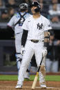 New York Yankees' Gleyber Torres reacts after striking out during the sixth inning of the team's baseball game against the Miami Marlins at Yankee Stadium, Wednesday, April 10, 2024, in New York. (AP Photo/Seth Wenig)