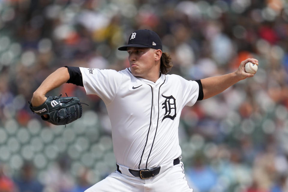 Detroit Tigers pitcher Tyler Holton throws against the Texas Rangers in the seventh inning of a baseball game, Thursday, April 18, 2024, in Detroit. (AP Photo/Paul Sancya)