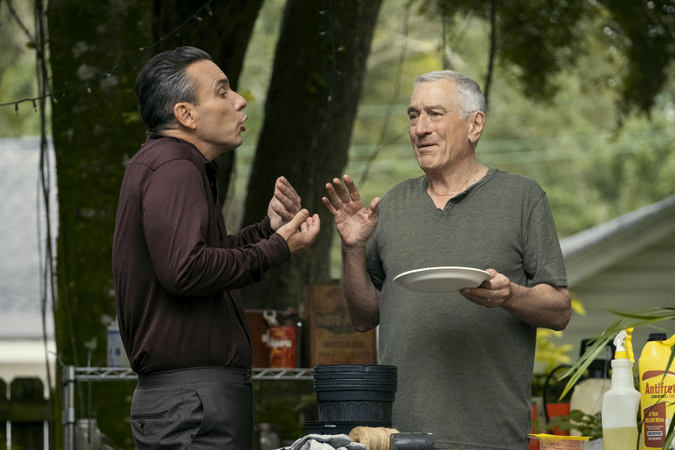 This image released by Lionsgate shows Sebastian Maniscalco as Sebastian, left, and Robert De Niro as Salvo in a scene from "About My Father." (Dan Anderson/Lionsgate via AP)