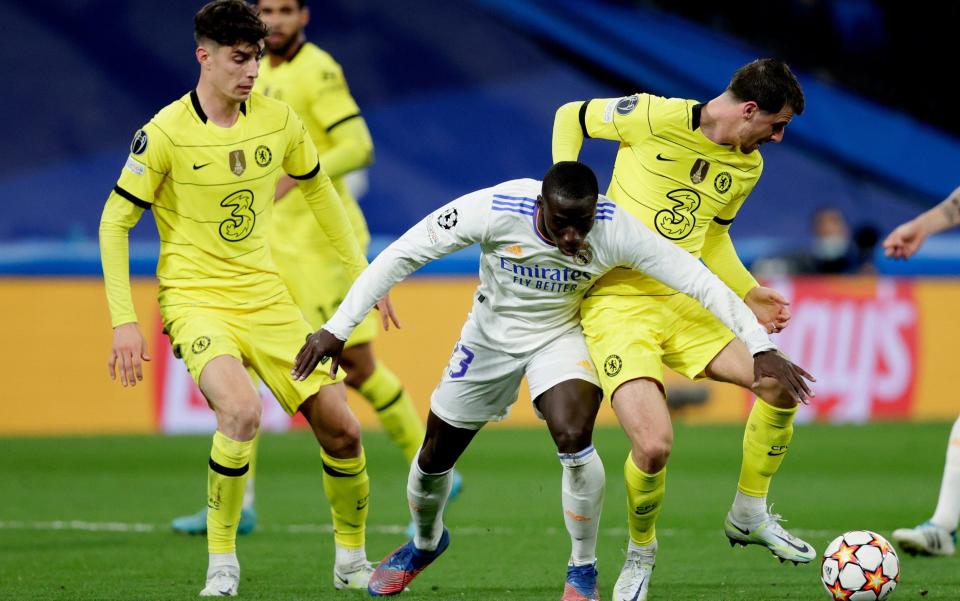 Reece James of Chelsea, Ferland Mendy of Real Madrid, Mason Mount of Chelsea during the UEFA Champions League match between Real Madrid v Chelsea at the Santiago Bernabeu on April 12, 2022 in Madrid Spain - Getty Images Europe 