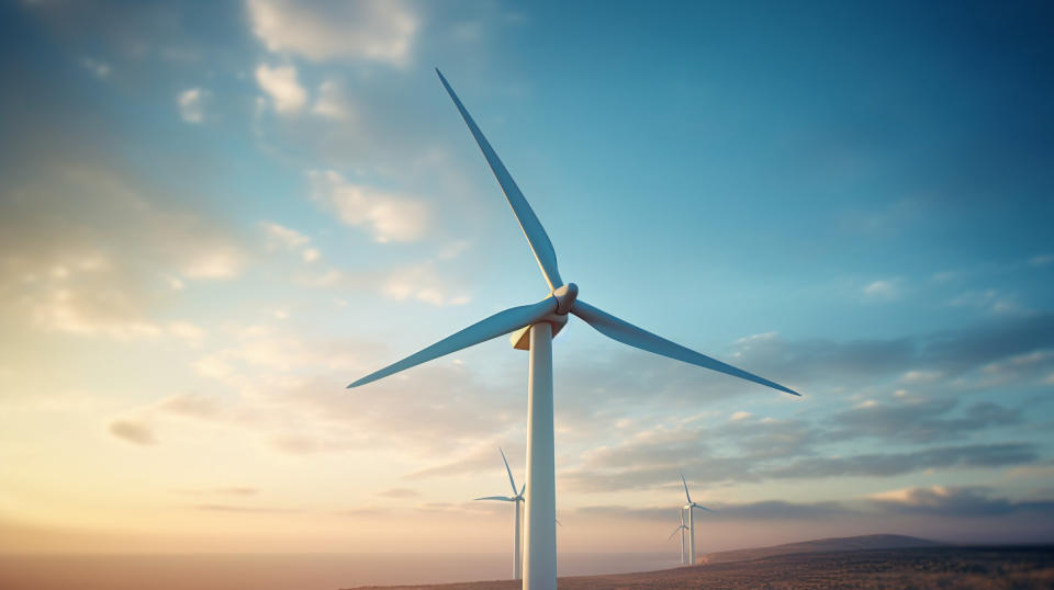 A wind turbine, its blades spinning to generate clean renewable energy.