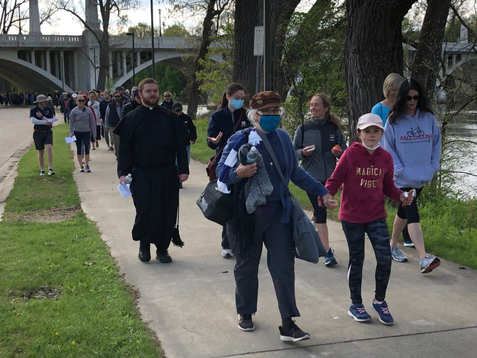 The Catholic Diocese of Fort Wayne-South Bend is hosting an eight-day pilgrimage in June for the faithful. This photo shows a Catholic walk in 2022 between the St. Joseph churches in Mishawaka and South Bend.