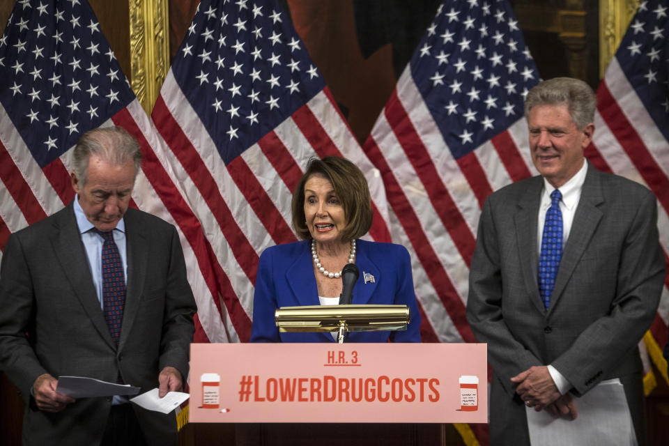 WASHINGTON, DC - OCTOBER 16: House Speaker Nancy Pelosi (D-CA) speaks as Rep. Richard Neal (D-MA) (L) and Rep. Frank Pallone (D-NJ) look on during a news conference discussing H.R. 3, the Lower Drug Costs Now Act, on Capitol Hill on October 16, 2019 in Washington, DC. The bill aims to end the ban on Medicare negotiating directly with drug companies, and reinvest in innovation medical treatment.  (Photo by Zach Gibson/Getty Images)