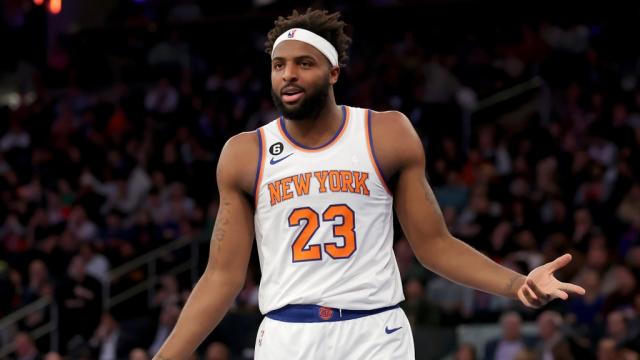 Jan 4, 2023; New York, New York, USA; New York Knicks center Mitchell Robinson (23) reacts after being called for a foul during the second quarter against the San Antonio Spurs at Madison Square Garden. Mandatory Credit: Brad Penner-USA TODAY Sports