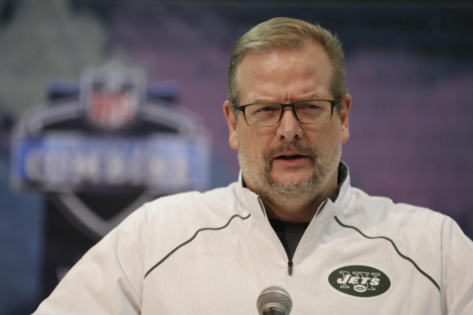 New York Jets general manager Mike Maccagnan speaks during a press conference at the NFL football scouting combine in Indianapolis, Wednesday, Feb. 27, 2019. (AP Photo/Michael Conroy)