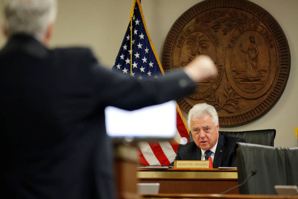 Sen. Larry Grooms listens to S.C. Treasurer Curtis Loftis on Tuesday, April 2, 2024 during a Finance Constitutional Subcommittee meeting concerning $1.8 billion that has been discovered in an account. (Travis Bell/STATEHOUSE CAROLINA)