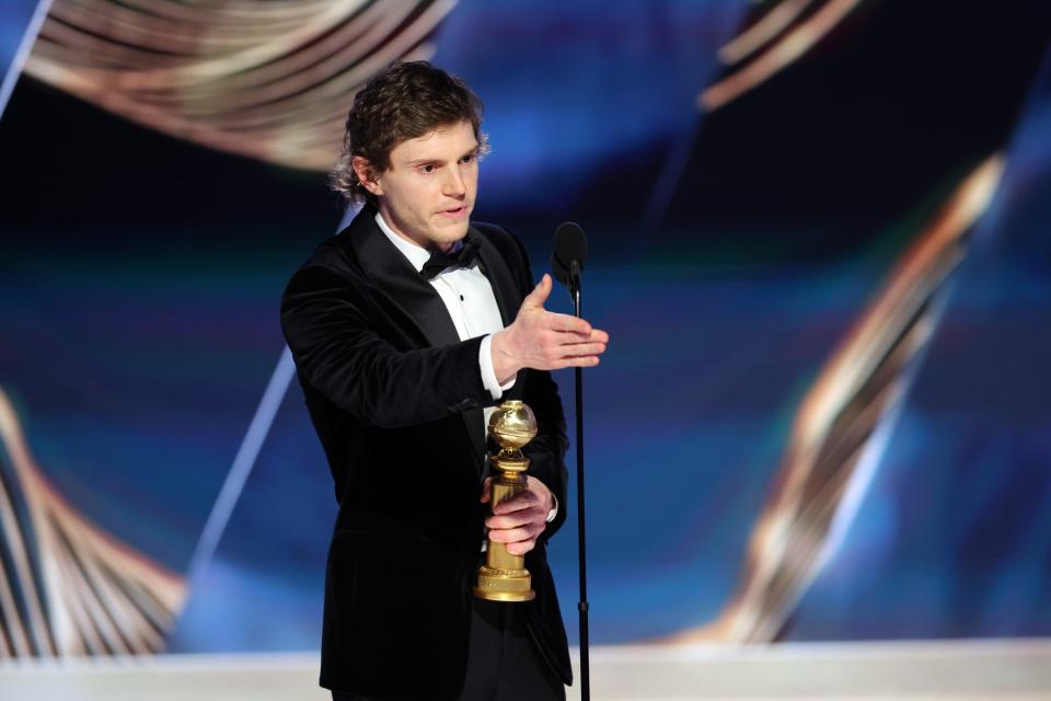 Evan Peters accepts the Best Actor in a Limited or Anthology Series or Television Film award for "Dahmer  Monster: The Jeffrey Dahmer Story".