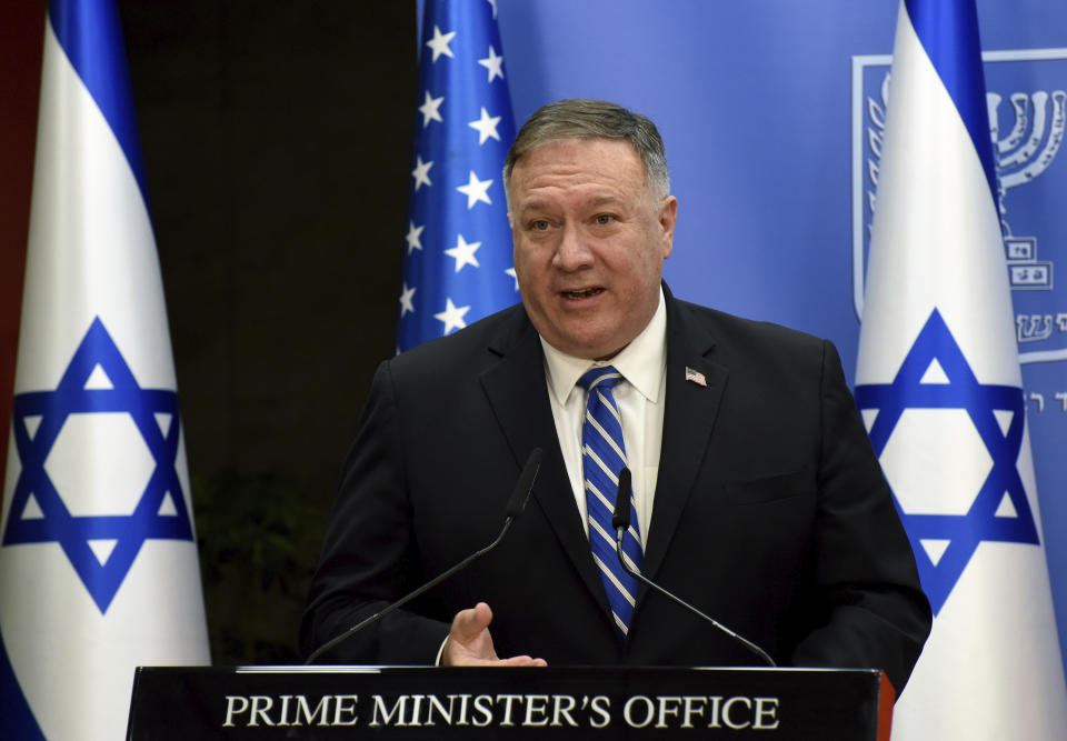U.S. Secretary of State Mike Pompeo speaks during a joint statement to the press with Israeli Prime Minister Benjamin Netanyahu after their meeting, in Jerusalem, Monday, Aug. 24, 2020. (Debbie Hill/Pool via AP)