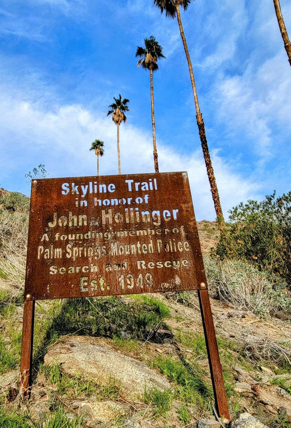 A sign dedicated along the Skyline Trail to Andy Hollinger's father, John Hollinger.