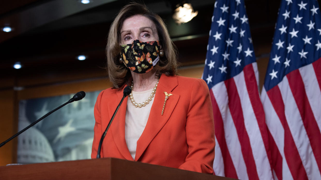 House Speaker Nancy Pelosi speaks during her weekly press briefing on Capitol Hill in Washington, D.C., Friday. (Photo by Saul Loeb/AFP via Getty Images)