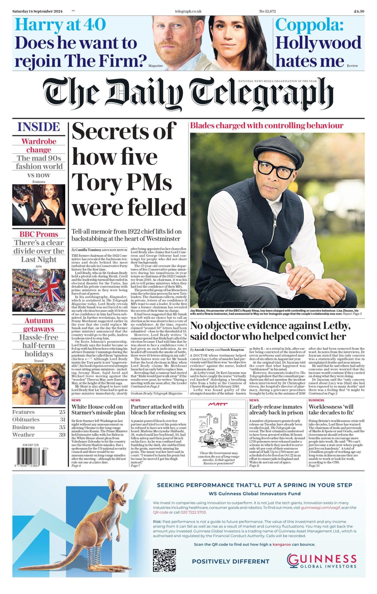 The headline on the front page of the Daily Telegraph reads: 'Secrets of how five Tory PMs were felled'