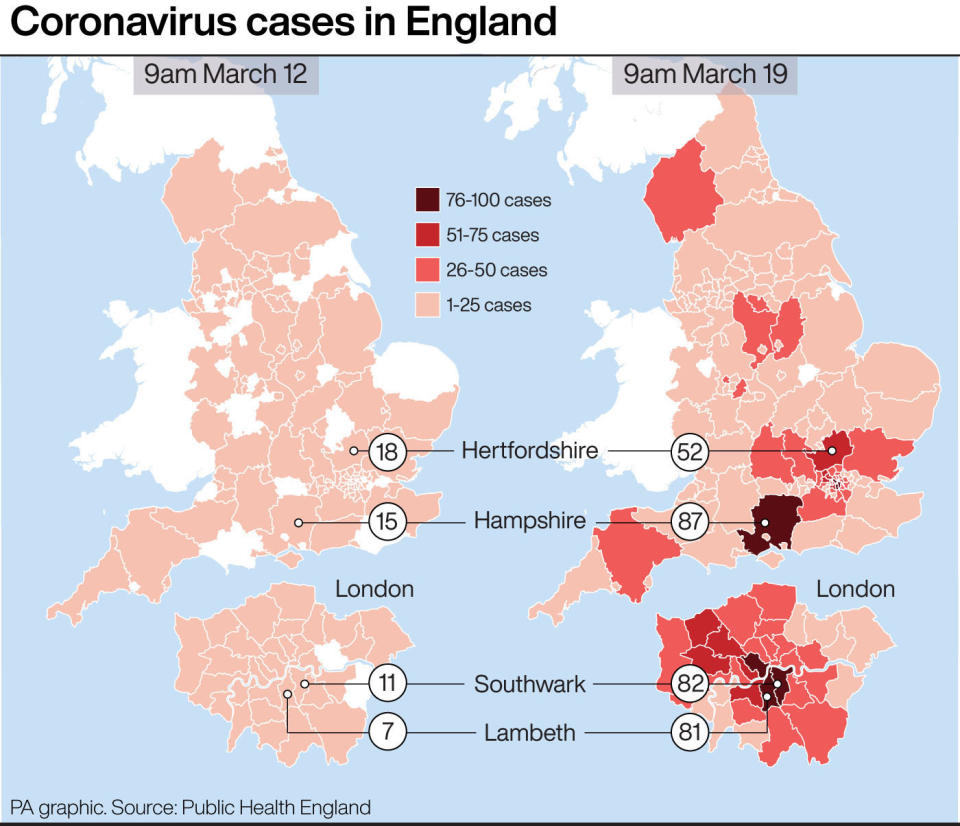 A map showing the number of coronavirus cases in England. (PA)